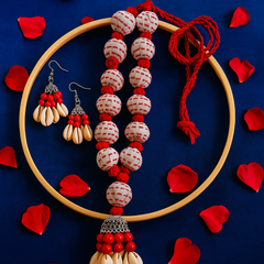 Elegant Red-Threaded Shell Bead Necklace Set