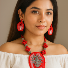 Red Goddess Motif Pendant Necklace Set