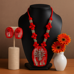Red Goddess Motif Pendant Necklace Set
