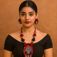 Red & Black Goddess Motif Pendant Necklace Set