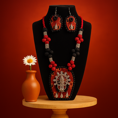 Red & Black Goddess Motif Pendant Necklace Set