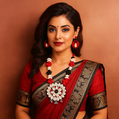 Red & Black Cowrie Shell Floral Pendant Necklace Set