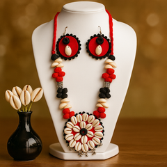 Red & Black Cowrie Shell Floral Pendant Necklace Set