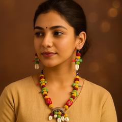 Multicolour Parrot Bead Cowrie Shell Necklace Set