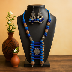 Blue & Brown Wool Bead Oxidized Pendant Necklace Set