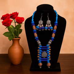 Blue & Brown Wool Bead Oxidized Pendant Necklace Set