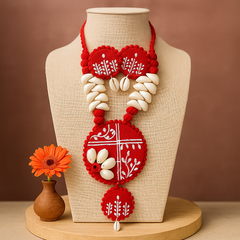 Red Fabric Cowrie Shell Round Pendant Necklace