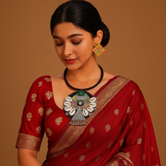 Black & Green Cowrie Shell Pendant Necklace Set