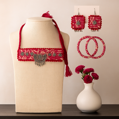 Ethnic Pink Fabric Jewellery Set with Bangles