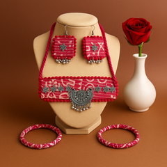 Ethnic Pink Fabric Jewellery Set with Bangles