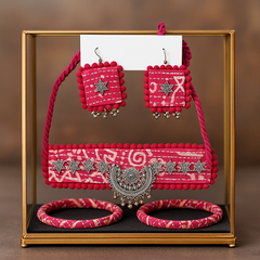 Ethnic Pink Fabric Jewellery Set with Bangles
