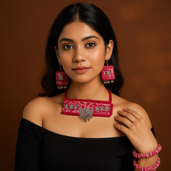 Ethnic Pink Fabric Jewellery Set with Bangles