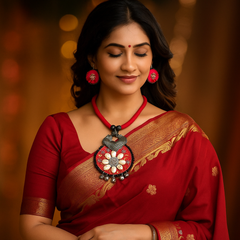 Red Cowrie Shell Floral Pendant Necklace Set