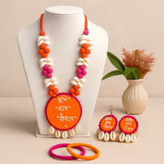 Orange & Pink Cowrie Shell Pendant Necklace Set with Hindi Text