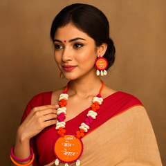 Orange & Pink Cowrie Shell Pendant Necklace Set with Hindi Text