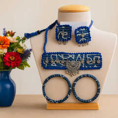 Blue Fabric Oxidized Choker Set with Bangles
