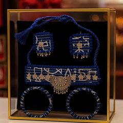 Blue Fabric Oxidized Choker Set with Bangles