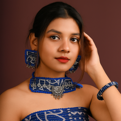 Blue Fabric Oxidized Choker Set with Bangles