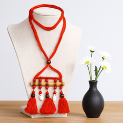 Red Tassel Cowrie Shell Bamboo Pendant Necklace with Erring