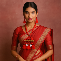 Red Tassel Cowrie Shell Bamboo Pendant Necklace with Erring