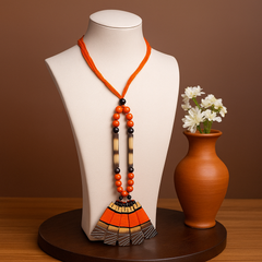 Orange & Black Beaded Fan Pendant Necklace