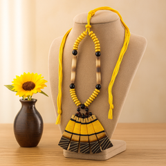 Yellow & Black Beaded Fan Pendant Necklace
