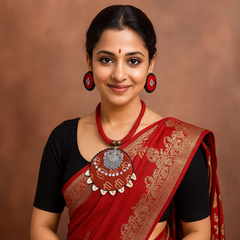 Red Tribal Cowrie Shell Necklace Set with Earrings