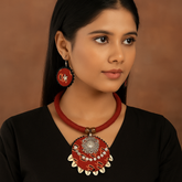 Red Tribal Cowrie Shell Necklace Set with Earrings