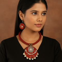 Red Tribal Cowrie Shell Necklace Set with Earrings