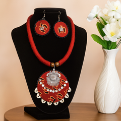 Red Tribal Cowrie Shell Necklace Set with Earrings