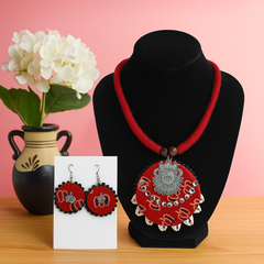 Red Tribal Cowrie Shell Necklace Set with Earrings