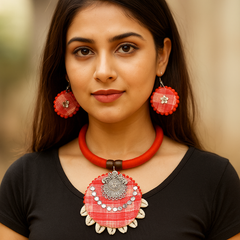 Red Fabric Cowrie Shell Necklace Set with Earrings