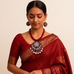 Black & Red Fabric Cowrie Shell Necklace Set with Earrings