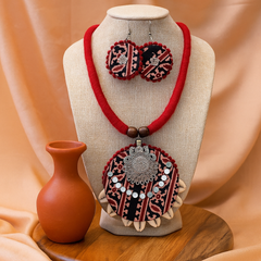 Black & Red Fabric Cowrie Shell Necklace Set with Earrings