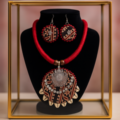 Black & Red Fabric Cowrie Shell Necklace Set with Earrings