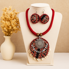 Black & Red Fabric Cowrie Shell Necklace Set with Earrings