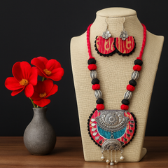Red-Black Fabric & Oxidized Silver Statement Necklace Set
