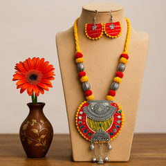 Yellow-Red Fabric & Oxidized Silver Necklace Set
