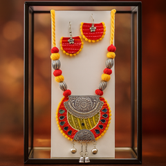 Yellow-Red Fabric & Oxidized Silver Necklace Set