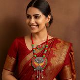 Red-Green Fabric & Oxidized Silver Necklace Set