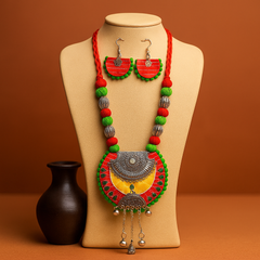 Red-Green Fabric & Oxidized Silver Necklace Set
