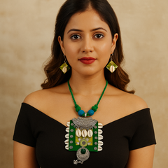 Green Cowrie Shell Tribal Oxidized Pendant Necklace Set