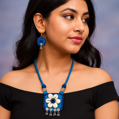 Blue Square Floral Shell Necklace Set