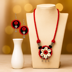 Black & Red Round Floral Shell Necklace Set