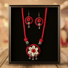 Black & Red Round Floral Shell Necklace Set