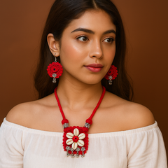 Red Cowrie Shell Floral Necklace Set