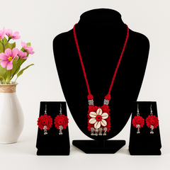 Red Cowrie Shell Floral Necklace Set