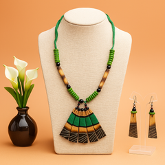 Green & Black Beaded Fan Pendant Necklace