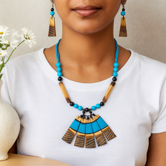 Blue & Black Beaded Fan Pendant Necklace