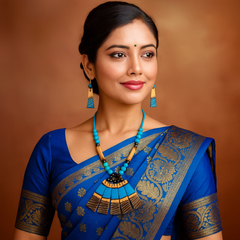 Blue & Black Beaded Fan Pendant Necklace